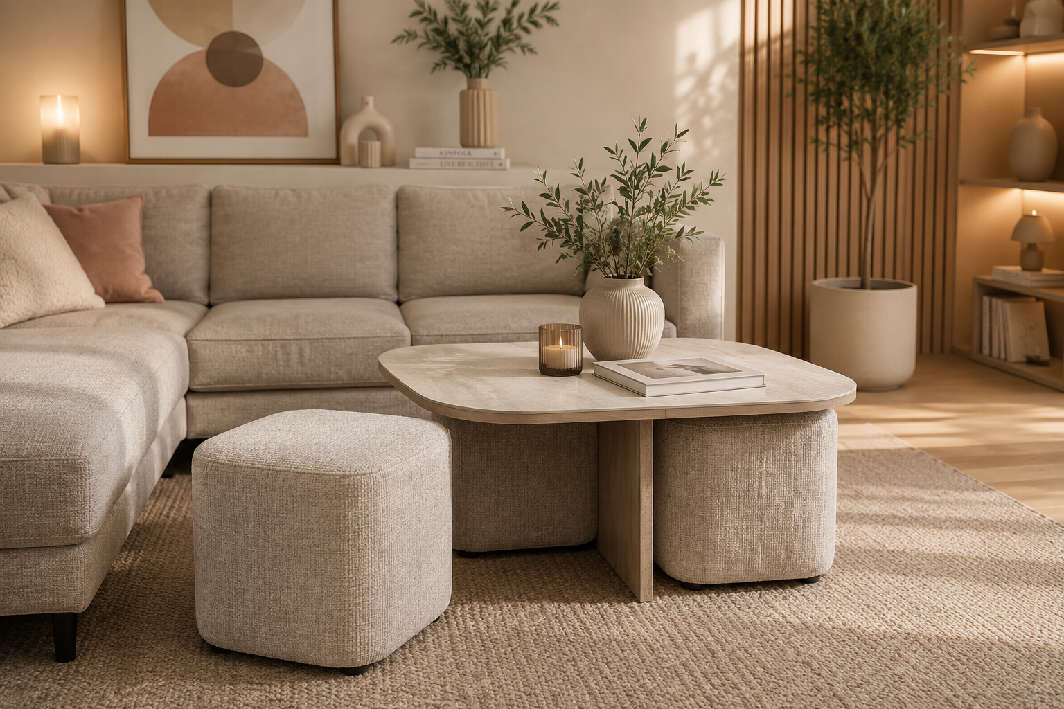 Table Basse Marbella Céramique avec poufs 80cm