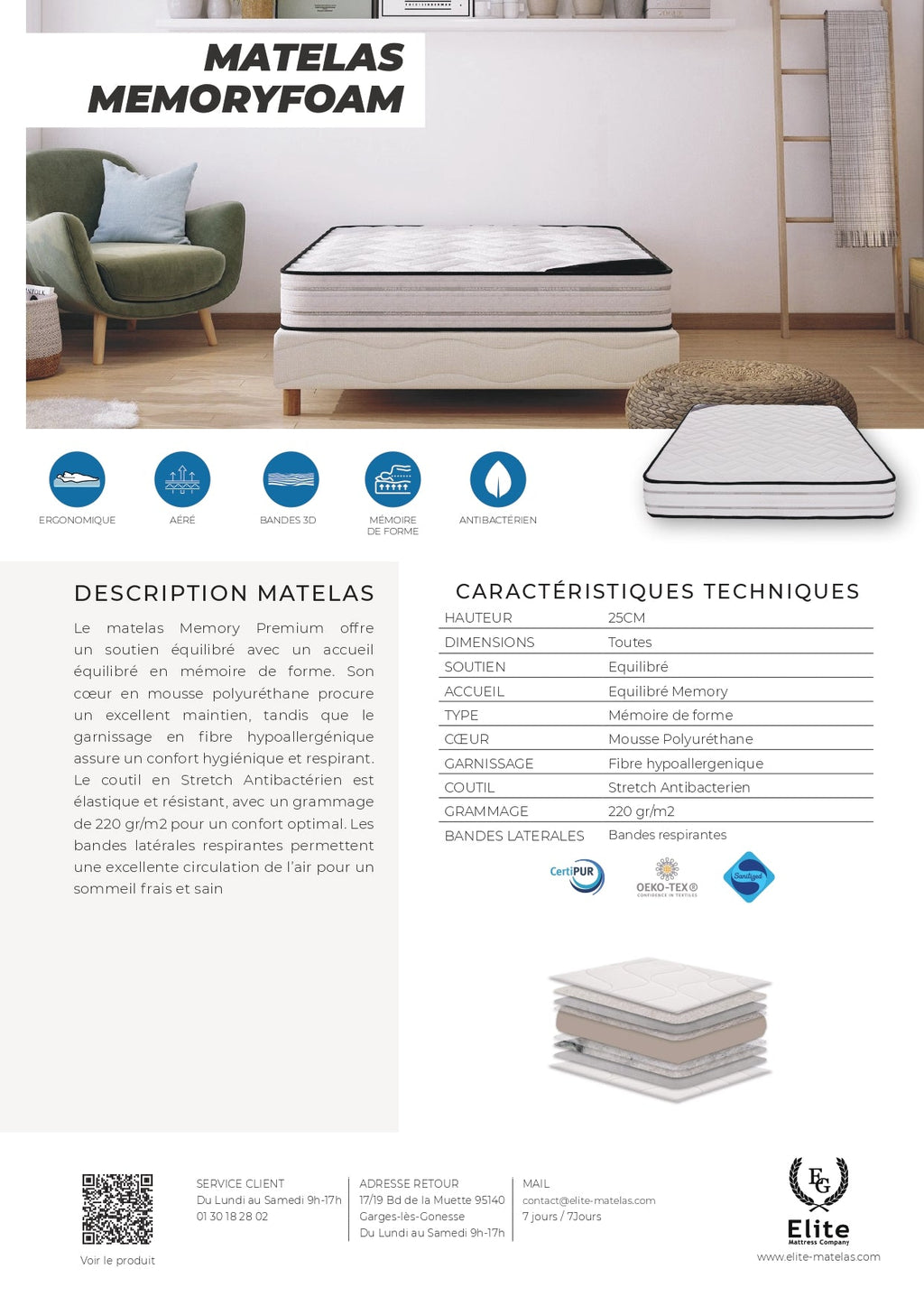 Matelas Élite Mousse à Mémoire De Forme 140x190 – 160x200 – 180x200 | Épaisseur 25 cm – ÉLITE MEMORY