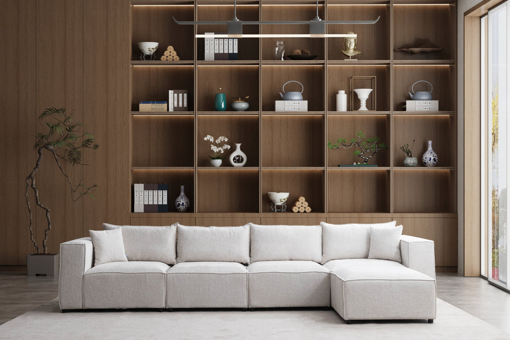 Canapé Elégance Chenille Modulable Blanc cassé 4+1 Pouf
