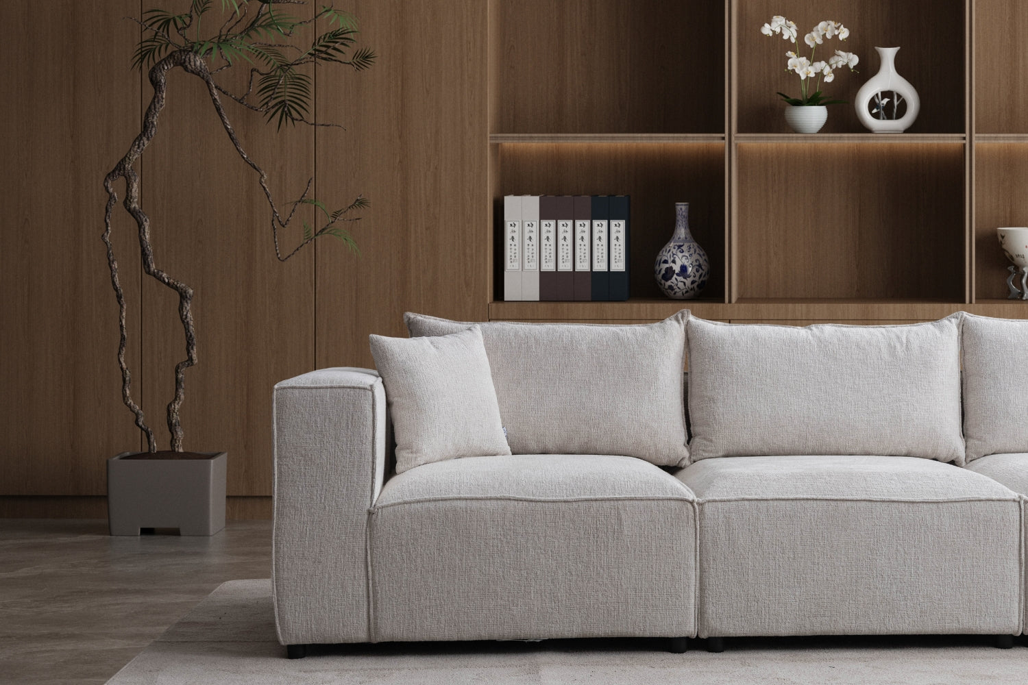 Canapé Elégance Chenille Modulable Blanc cassé 4+1 Pouf