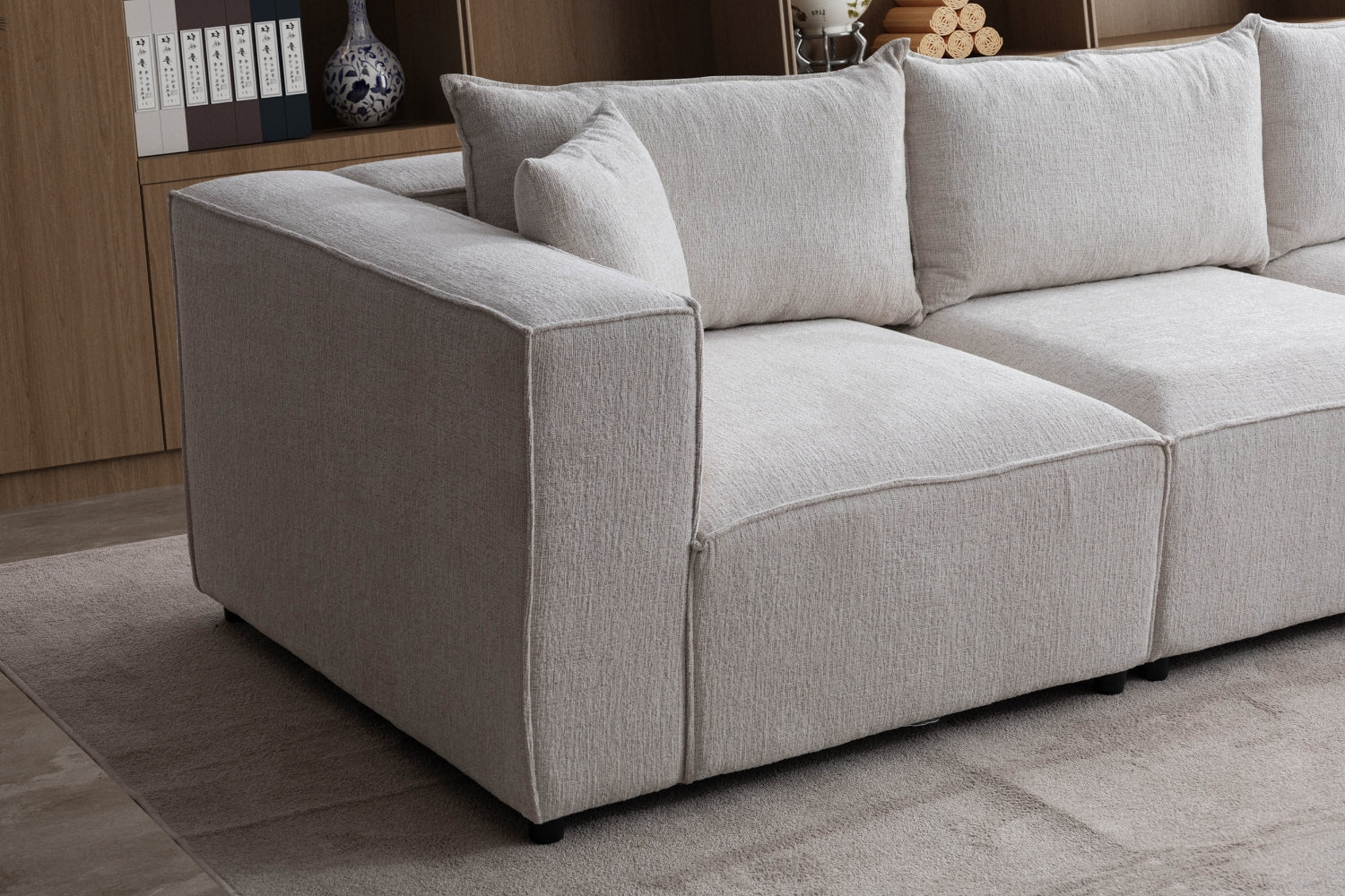 Canapé Elégance Chenille Modulable Blanc cassé 4+1 Pouf