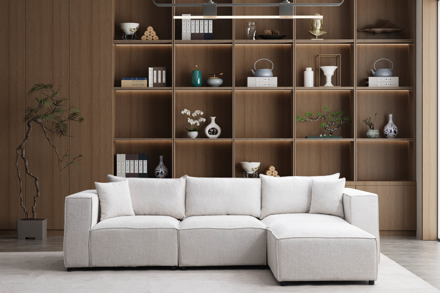 Canapé Elégance Chenille Modulable Blanc cassé 3+1 Pouf