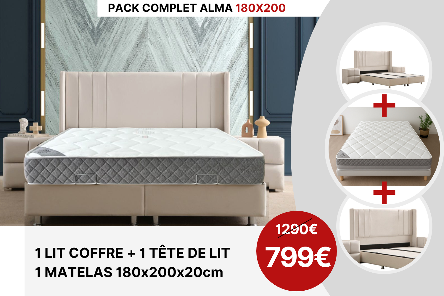 PACK COMPLET ALMA BLANC CASSE + Matelas 20cm