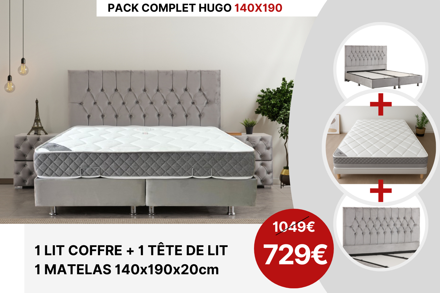 PACK COMPLET HUGO GRIS + Matelas 20cm