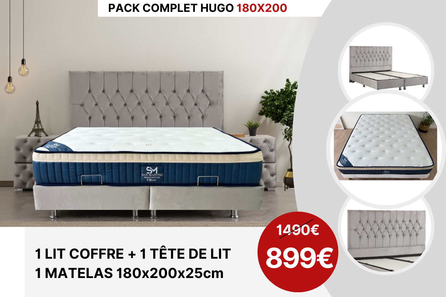 PACK COMPLET HUGO GRIS + Matelas 25cm