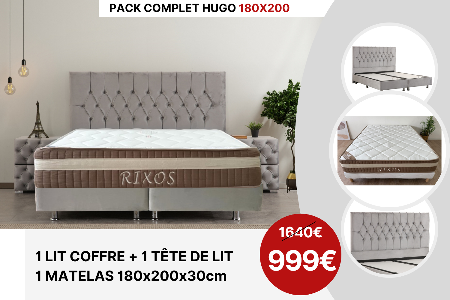 PACK COMPLET HUGO GRIS + Matelas 30cm