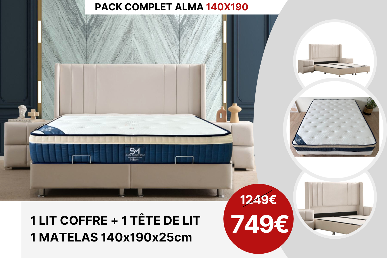 PACK COMPLET ALMA BLANC CASSE + Matelas 25cm