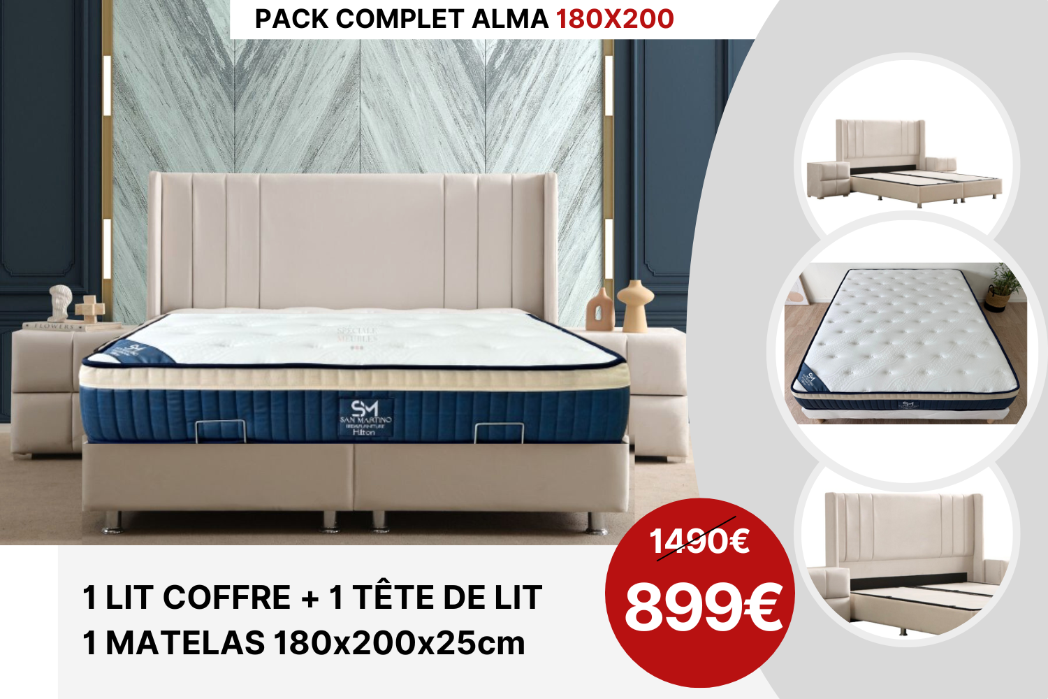 PACK COMPLET ALMA BLANC CASSE + Matelas 25cm